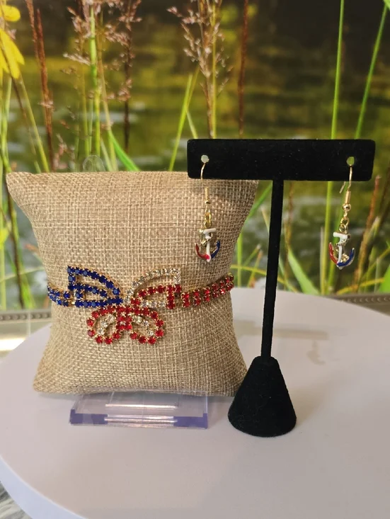 Patriotic Rhinestone Bracelet & Handmade Anchor Earrings Set Red White Blue USA - Picture 5 of 7